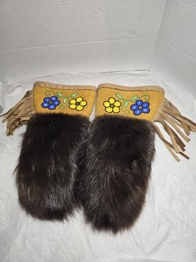 Handmade Mustard Yellow & Dark Brown Fur Beaded Gloves